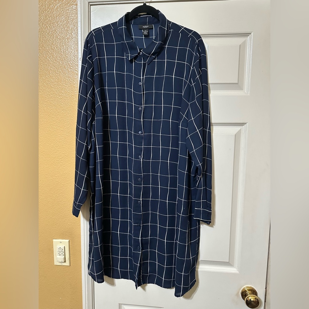 Alfani Navy and White Windowpane Shirt Dress